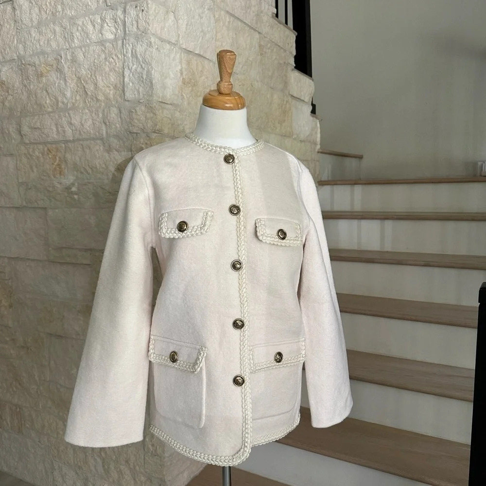 Sandro Cream Preppy Coat with Braided Trim - Picture 7 of 11